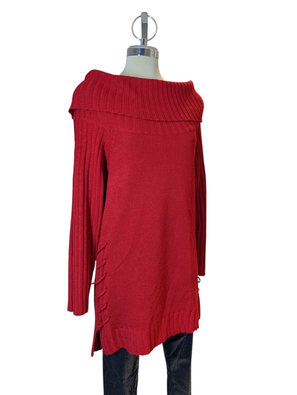 Off-Shoulder Lace-Up Knit Sweater in Red - Picture 7 of 15
